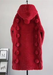 Loose Beige Zip Up Fuzzy Ball Decorated  Mink Velvet Hoodie Coat Winter