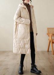Loose Beige Zippered Hooded Fine Cotton Filled Coats Winter