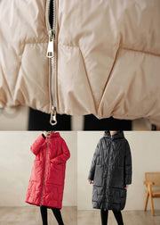 Loose Beige Zippered Hooded Fine Cotton Filled Coats Winter