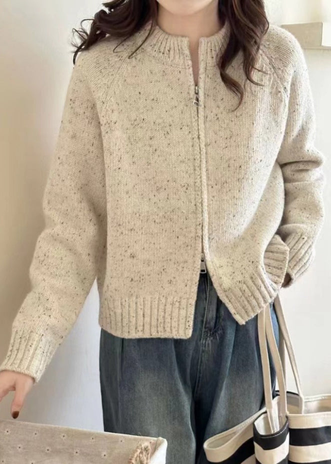 Loose Beige Zippered Patchwork Cozy Knit Coats Long Sleeve