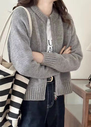 Loose Beige Zippered Patchwork Cozy Knit Coats Long Sleeve