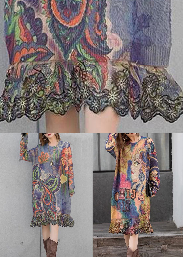 Loose Belle Print Patchwork Mink Velvet Knit Dresses Spring