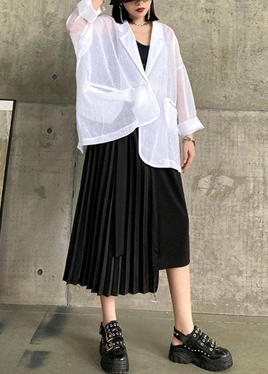 Loose Black Asymmetrical Patchwork Cotton Pleated Skirt Summer