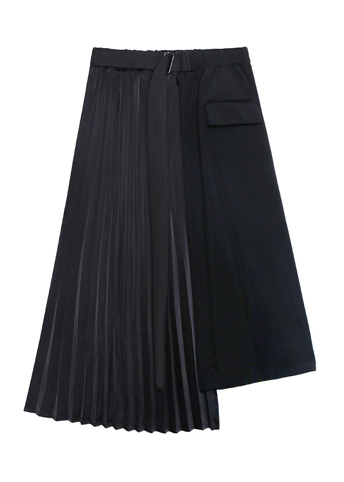 Loose Black Asymmetrical Patchwork Cotton Pleated Skirt Summer