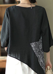 Loose Black Asymmetrical Patchwork Shirts Half Sleeve