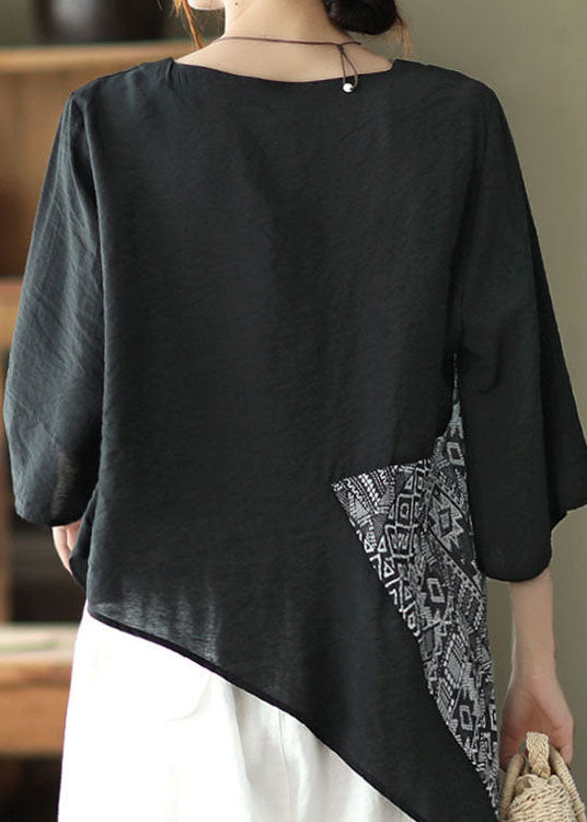 Lose schwarze asymmetrische Patchwork-Hemden mit halben Ärmeln