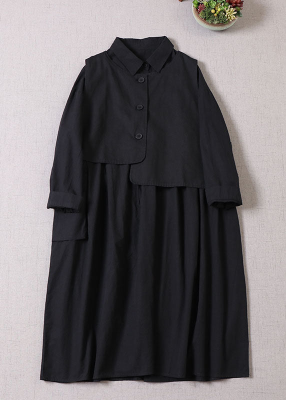 Lose schwarze asymmetrische Taschen Baumwolle zweiteiliges Set Kleid + Weste Frühling