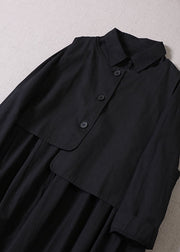 Loose Black Asymmetrical Pockets Cotton Two Pieces Set dress + Vest Spring