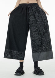 Loose Black Asymmetrical Print Cotton Wide Leg Pants Summer