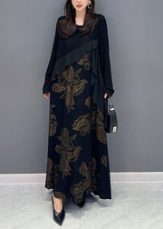Loose Black Asymmetrical Print Patchwork Cotton Knit Long Dress Fall