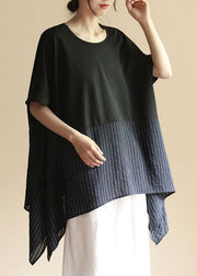 Loose Black Asymmetrical Striped Patchwork Cotton T Shirt Top Summer