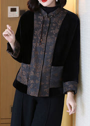 Loose Black Button Pockets Cotton Filled Coats Long Sleeve