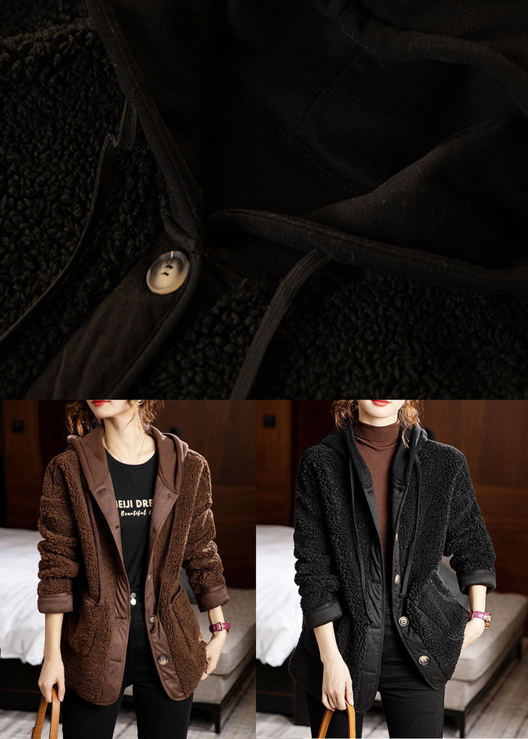 Loose Black Button Pockets Patchwork Teddy Faux Fur Coats Winter