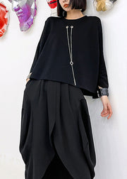 Loose Black Chain Linked High Design Patchwork Cotton Tops Batwing Sleeve