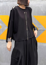 Loose Black Chain Linked High Design Patchwork Cotton Tops Batwing Sleeve