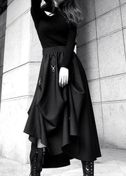 Loose Black Cinched Summer Asymmetrical Design Cotton Skirt - SooLinen