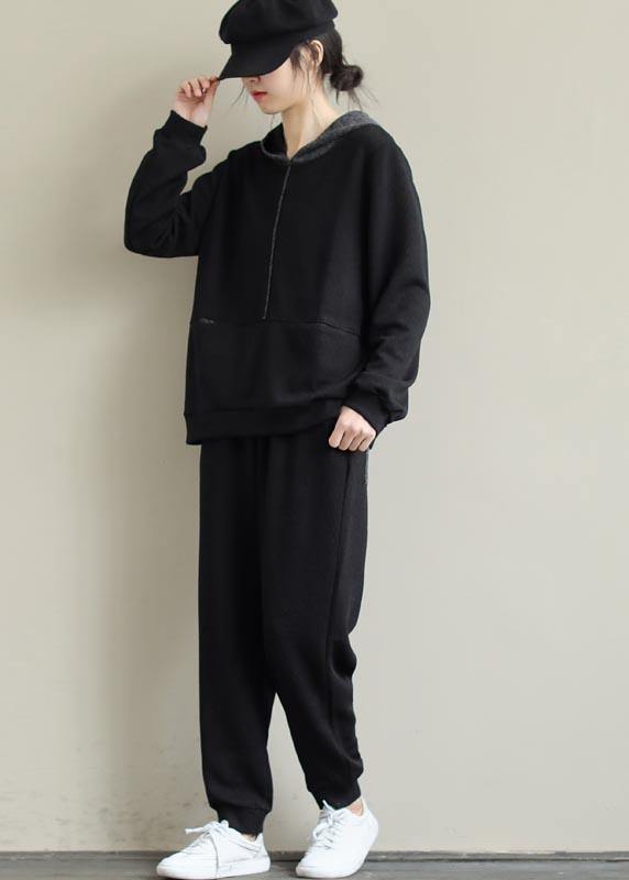 Loose Black Color Matching Hoodie and Elastic Pants Casual Suit - SooLinen