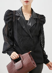 Loose Black Double Breast Patchwork Chiffon Shirt Puff Sleeve