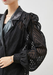 Loose Black Double Breast Patchwork Chiffon Shirt Puff Sleeve