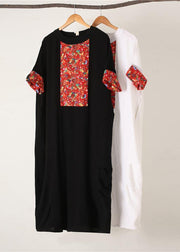 Loose Black Dresses O Neck Patchwork Cotton Robes Dress - SooLinen