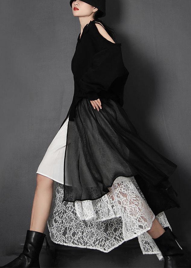 Loose Black Elastic Waist Patchwork Lace Asymmetrical Design Summer Skirt - SooLinen