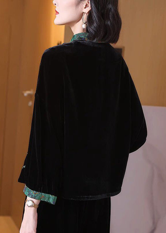 Loose Black Embroidered Button Silk Velour Top Long Sleeve