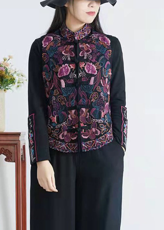 Loose Black Embroidered Chinese Button Patchwork Linen Waistcoat Sleeveless