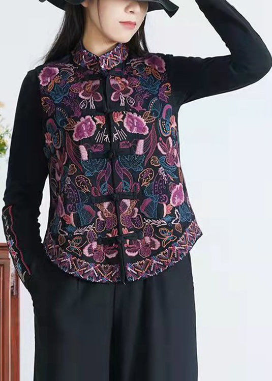 Loose Black Embroidered Chinese Button Patchwork Linen Waistcoat Sleeveless