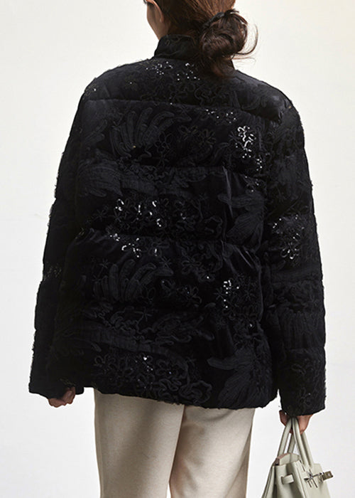 Loose Black Embroidered Sequins Duck Down Coat Long Sleeve