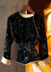 Loose Black Embroidered Side Open  Silk Velour Top Fall