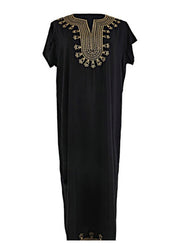 Loose Black Embroidered Side Open Vacation Long Dresses Short Sleeve