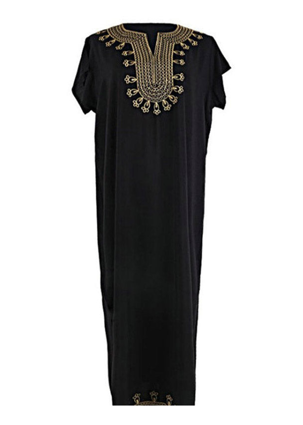 Loose Black Embroidered Side Open Vacation Long Dresses Short Sleeve