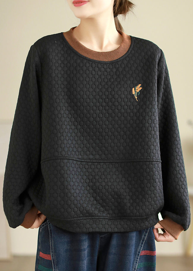 Loose Black Embroidered Thick Cotton Sweatshirt Embroiderie Fall