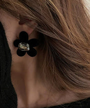 Loose Black Flocking Floral Zircon Stud Earrings