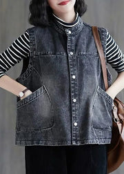 Lose schwarzgraue Farbe O-Neck Patchwork-Knopftaschen Jeansweste ärmellos