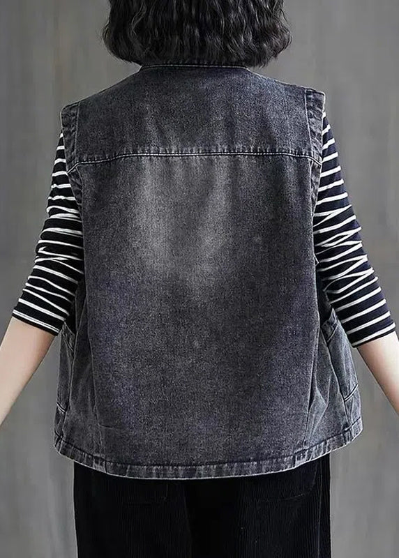 Loose Black Grey Colour O-Neck Patchwork Button Pockets Denim Waistcoat Sleeveless