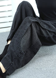 Loose Black Grey Patchwork Elastic Waist Denim Crop Pants Fall