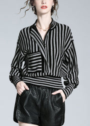 Loose Black Grey Striped Button Woolen Shirts Long Sleeve
