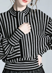 Loose Black Grey Striped Button Woolen Shirts Long Sleeve