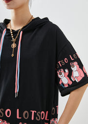 Loose Black Hooded Bears Print Cotton Sweatshirts Tops Fall