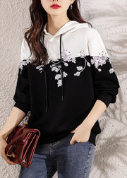Loose Black Hooded Embroidered Patchwork Cotton Top Long Sleeve