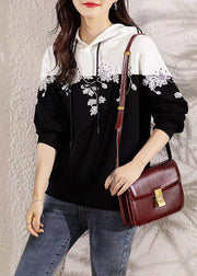 Loose Black Hooded Embroidered Patchwork Cotton Top Long Sleeve