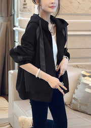 Loose Black Hooded Lace Up Patchwork Cotton Coat Fall