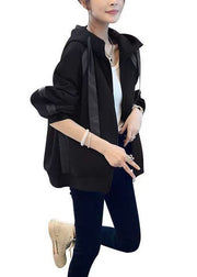 Loose Black Hooded Lace Up Patchwork Cotton Coat Fall