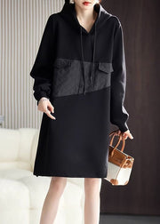 Loose Black Hooded Lace Up Patchwork Cotton Mid Dress Spring