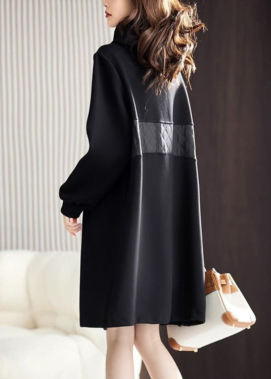 Loose Black Hooded Lace Up Patchwork Cotton Mid Dress Spring