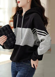 Loose Black Hooded Patchwork Cotton Sweatshirt Tops Fall
