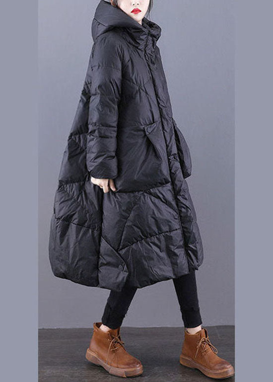 Loose Black Hooded Pockets Duck Down Winter down coat