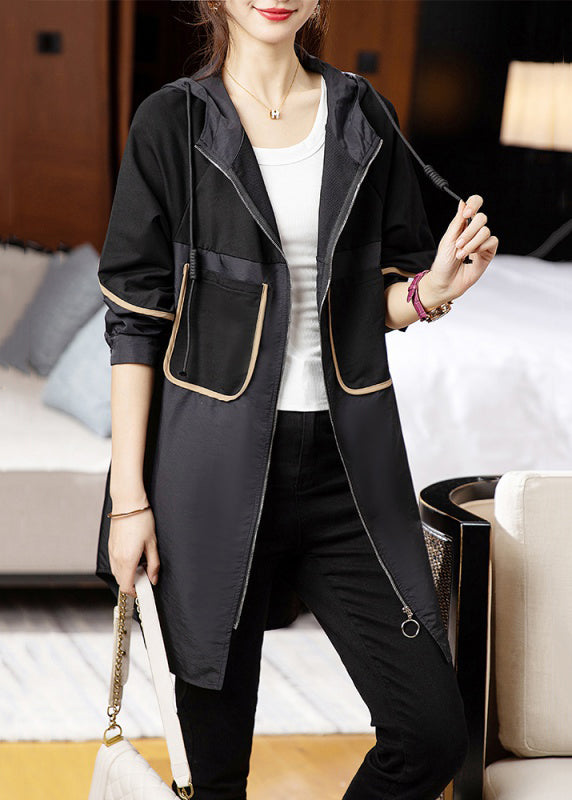Loose Black Hooded Pockets Patchwork Cotton Trench Coat Long Sleeve
