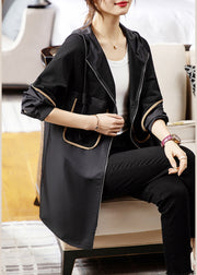 Loose Black Hooded Pockets Patchwork Cotton Trench Coat Long Sleeve